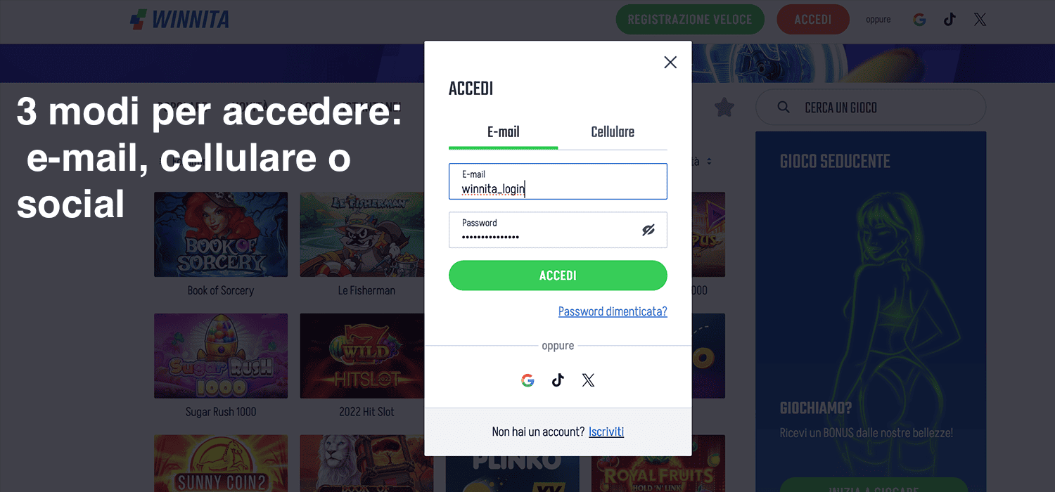 Winnita Login It Winnita login: e-mail, cellulare o social